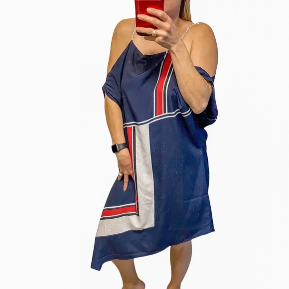 Joie Dress Summer Blue Red Edyte Color Block Cold Shoulder Size Medium