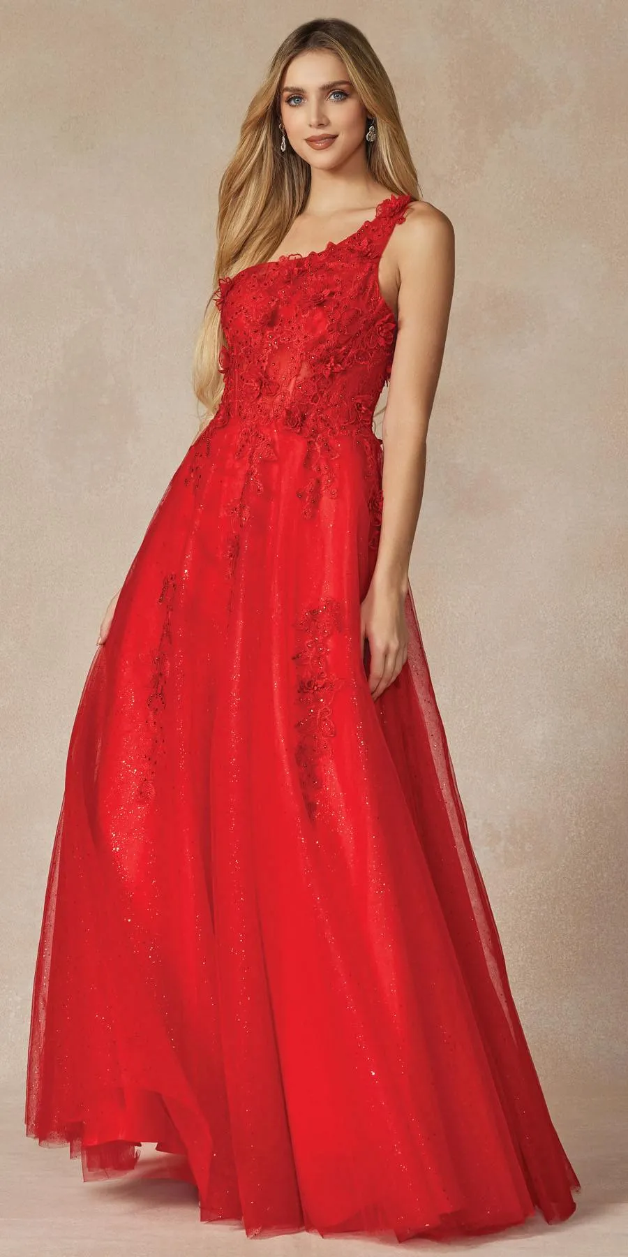 Juliet 298 Long One Shoulder With 3D Flower Embellishments Gown