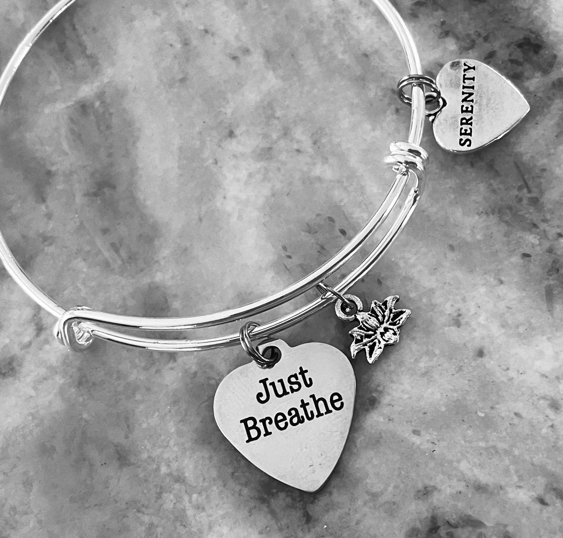 Just Breathe Heart Stainless Steel Charm with Lotus and Serenity on Silver Bracelet Expandable Adjustable Wire Bangle Gift Trendy Stacking Yoga Meditation