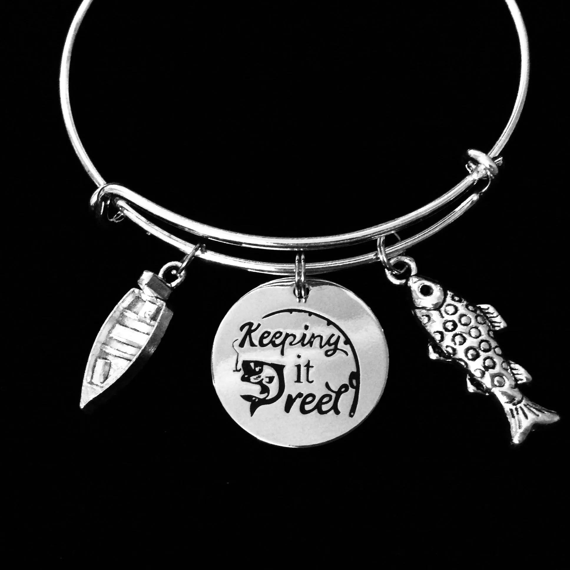 Keeping it Reel Fishing Expandable Charm Bracelet Silver Adjustable Bangle One Size Fits All Gift Fishing Boat Fishing Rod FIsh