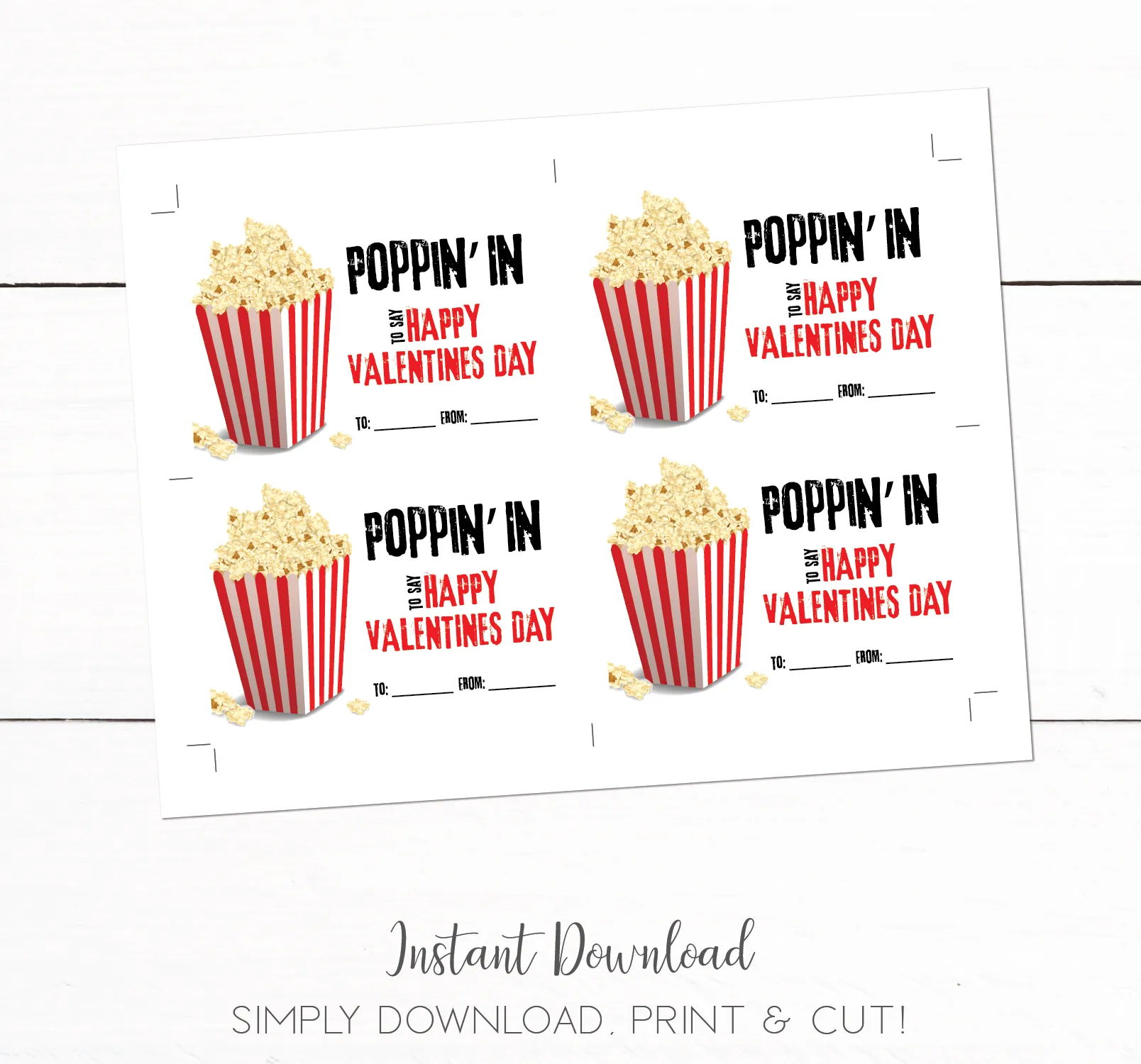 Kids Popcorn Printable School Party Valentines Day Cards
