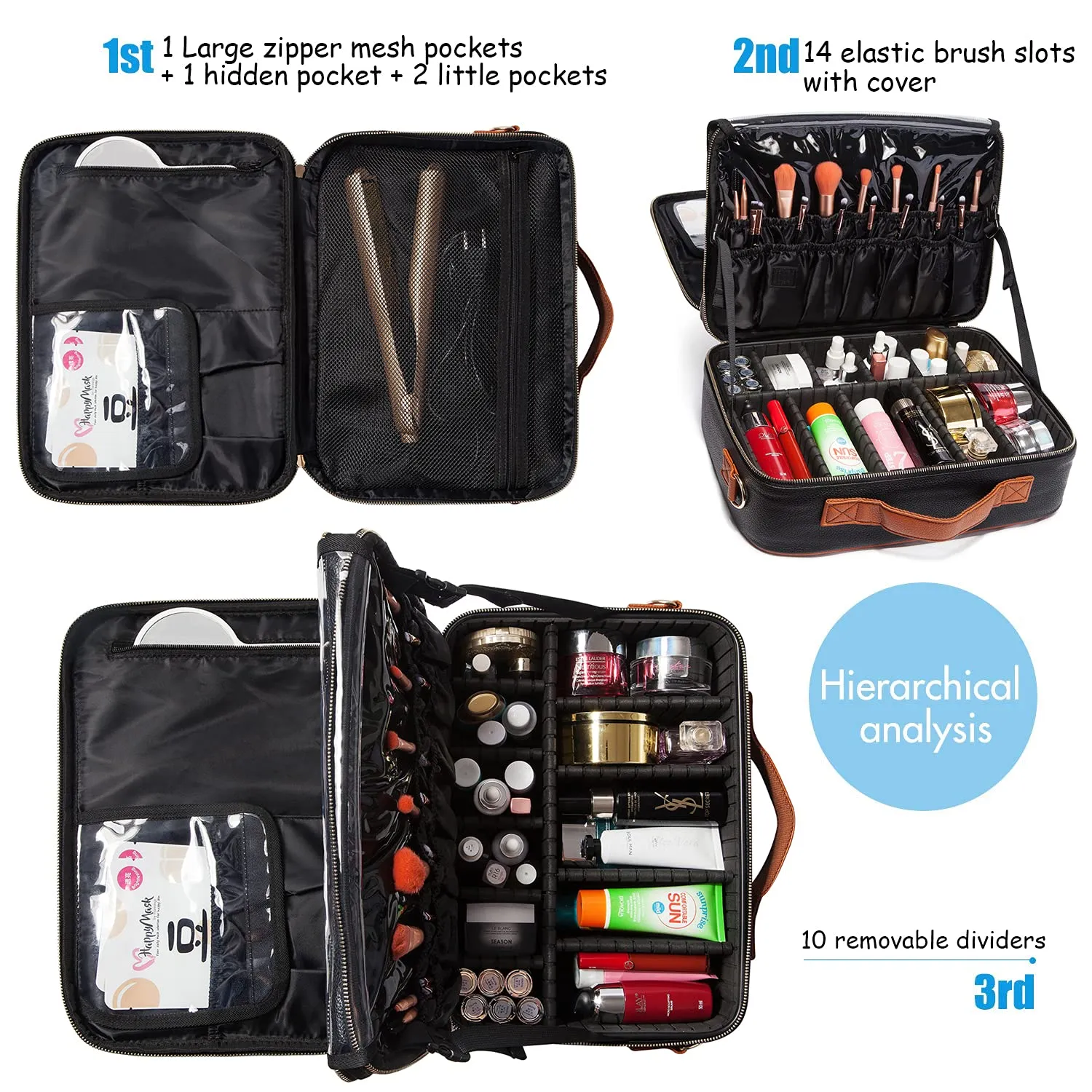 LACATTURA Travel Makeup bag, Leather Makeup Train Case Cosmetic Organizer for Makeup Brushes Toiletry Digital Accessories, Portable Artist Storage Bag With Shoulder Strap for Women lady Black, Large