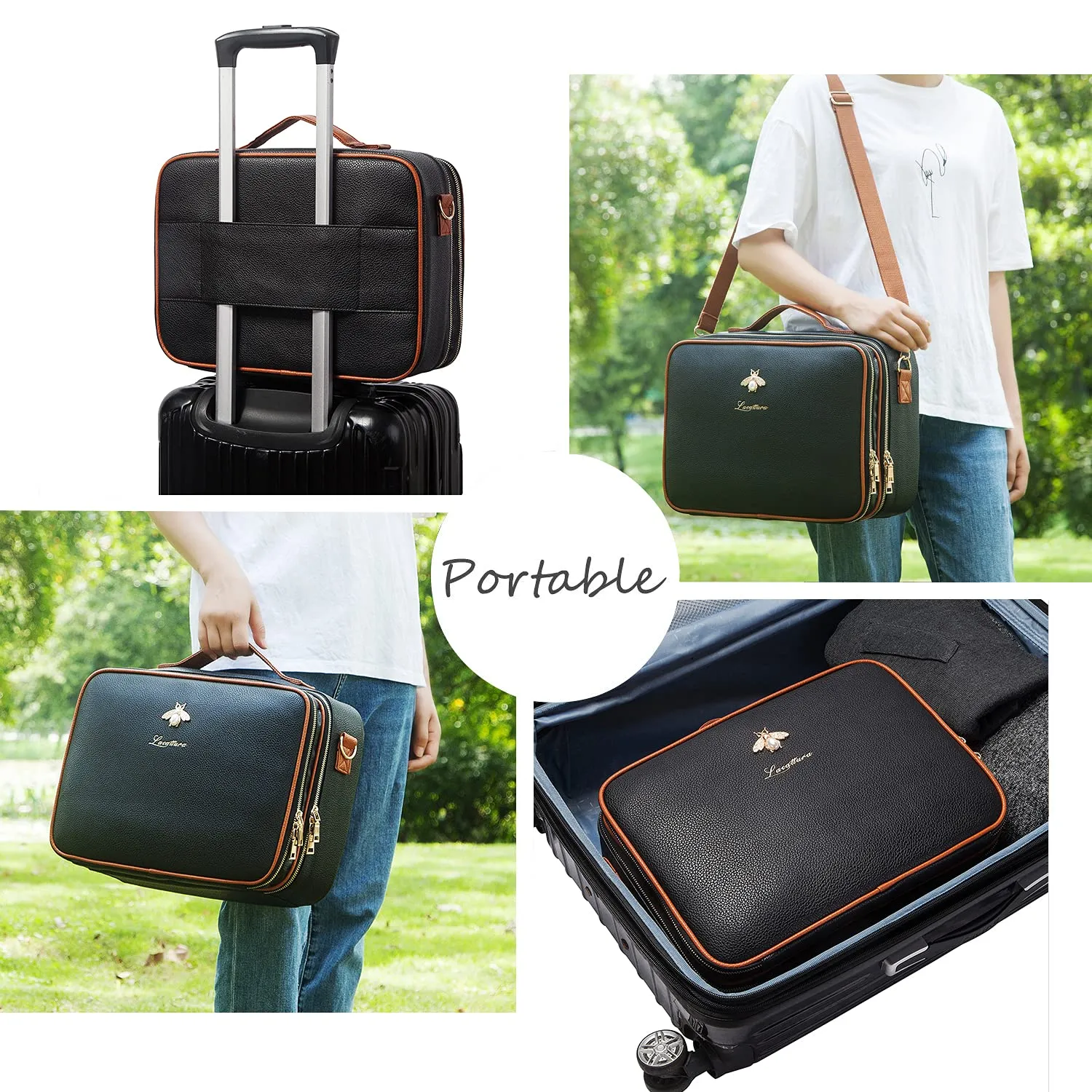 LACATTURA Travel Makeup bag, Leather Makeup Train Case Cosmetic Organizer for Makeup Brushes Toiletry Digital Accessories, Portable Artist Storage Bag With Shoulder Strap for Women lady Black, Large