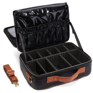 LACATTURA Travel Makeup bag, Leather Makeup Train Case Cosmetic Organizer for Makeup Brushes Toiletry Digital Accessories, Portable Artist Storage Bag With Shoulder Strap for Women lady Black, Large