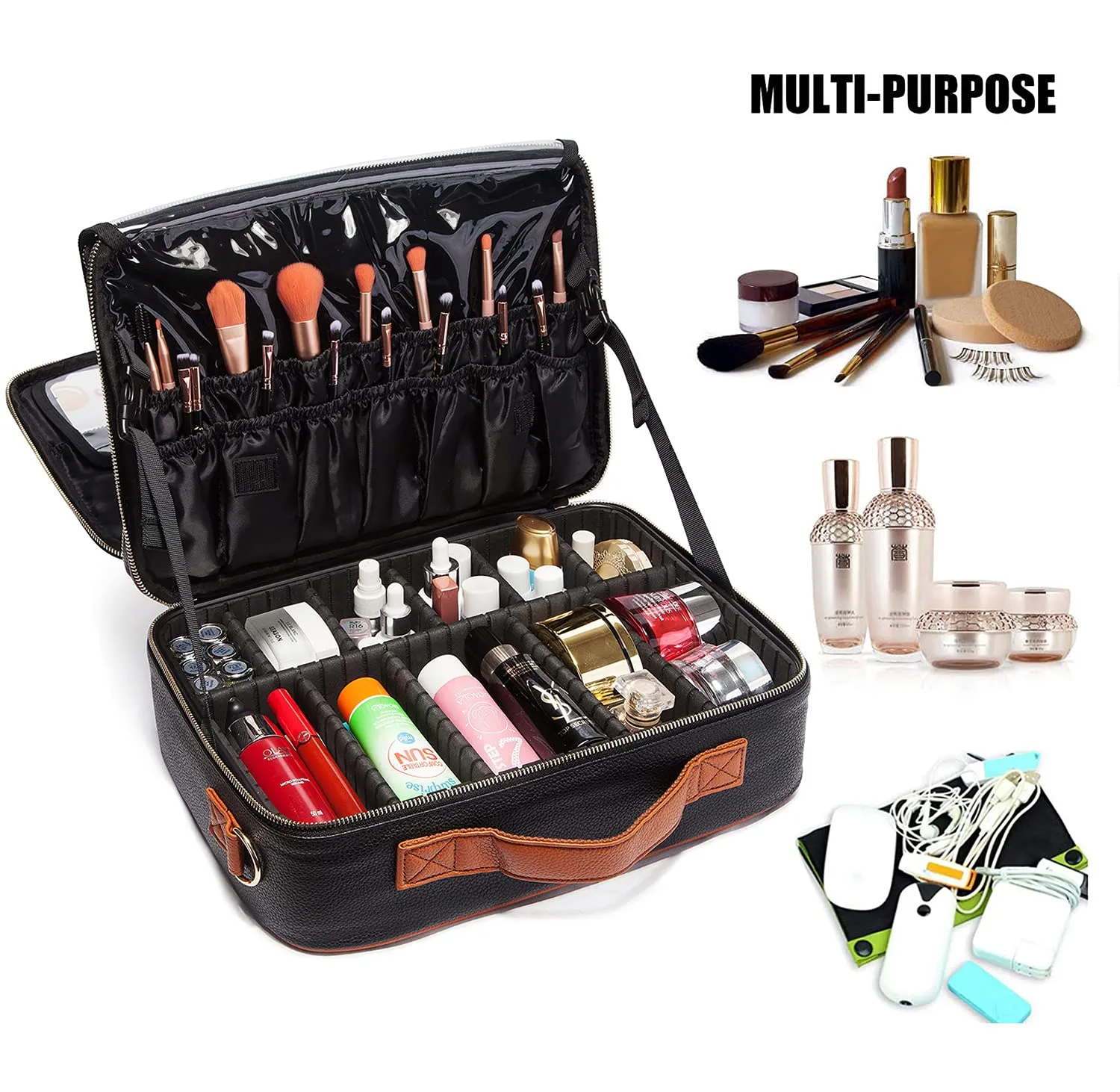 LACATTURA Travel Makeup bag, Leather Makeup Train Case Cosmetic Organizer for Makeup Brushes Toiletry Digital Accessories, Portable Artist Storage Bag With Shoulder Strap for Women lady Black, Large