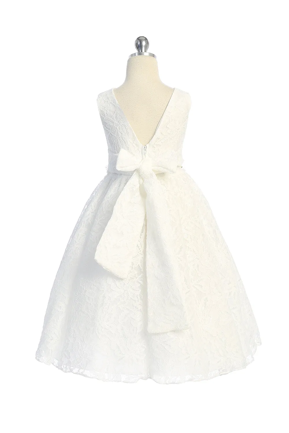 Lace V Back Bow Dress w/ Rhinestone Trim