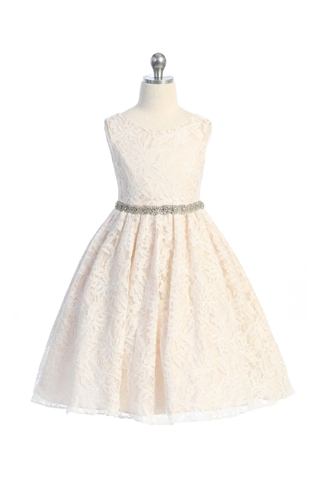 Lace V Back Bow Dress w/ Rhinestone Trim
