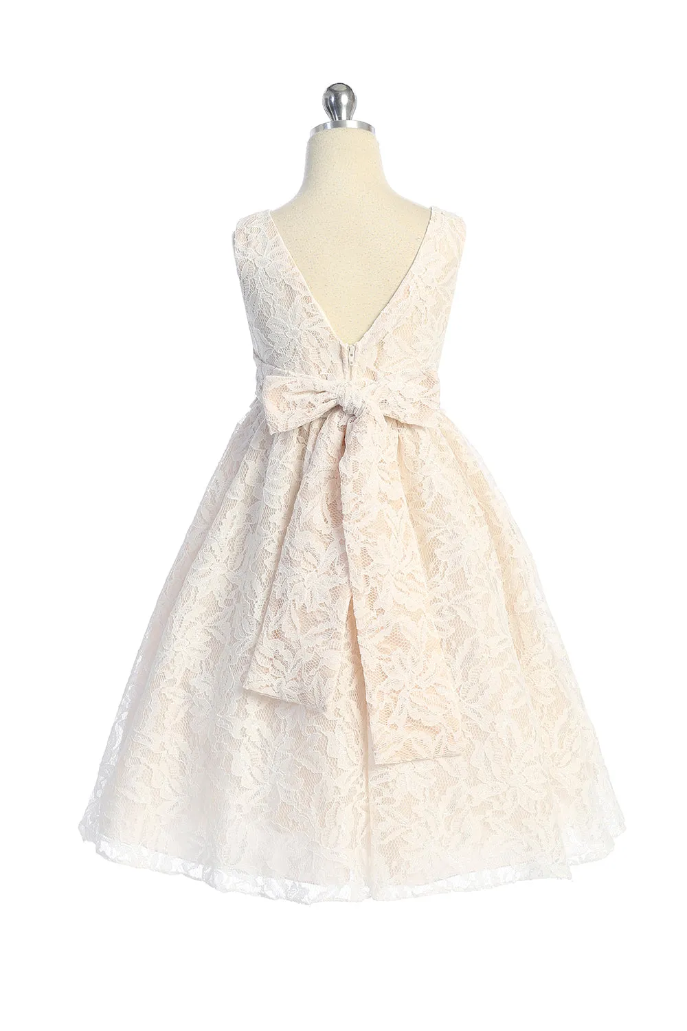 Lace V Back Bow Dress w/ Rhinestone Trim