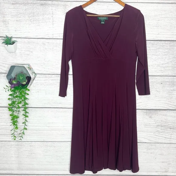 Lauren Ralph Lauren Purple Ruched V Neck 3/4 Sleeve Sheath Dress Size 12 Petite