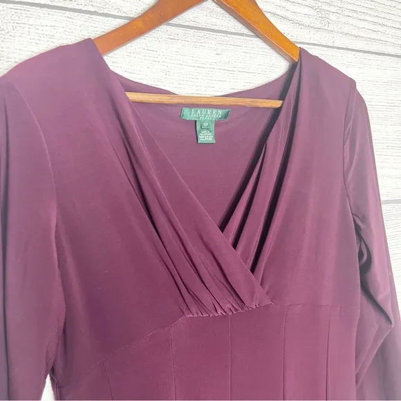 Lauren Ralph Lauren Purple Ruched V Neck 3/4 Sleeve Sheath Dress Size 12 Petite