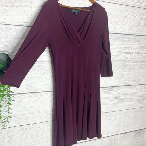 Lauren Ralph Lauren Purple Ruched V Neck 3/4 Sleeve Sheath Dress Size 12 Petite