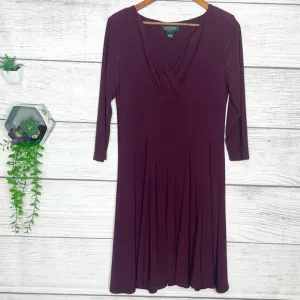 Lauren Ralph Lauren Purple Ruched V Neck 3/4 Sleeve Sheath Dress Size 12 Petite