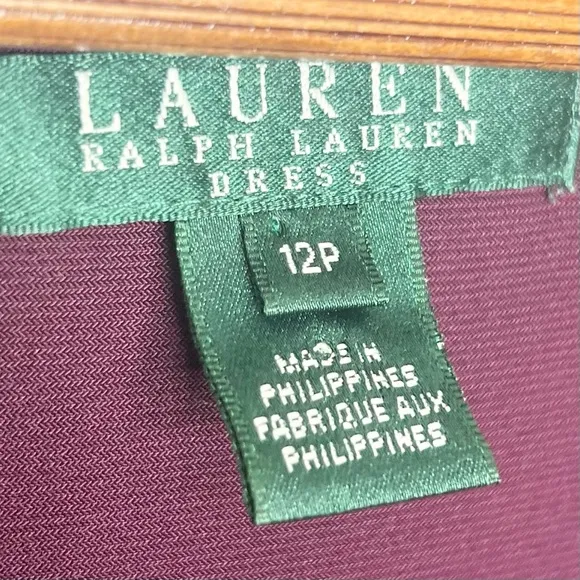 Lauren Ralph Lauren Purple Ruched V Neck 3/4 Sleeve Sheath Dress Size 12 Petite