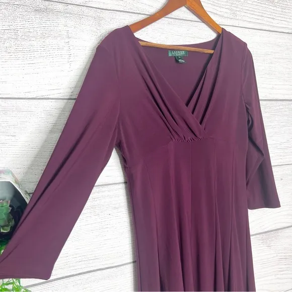 Lauren Ralph Lauren Purple Ruched V Neck 3/4 Sleeve Sheath Dress Size 12 Petite