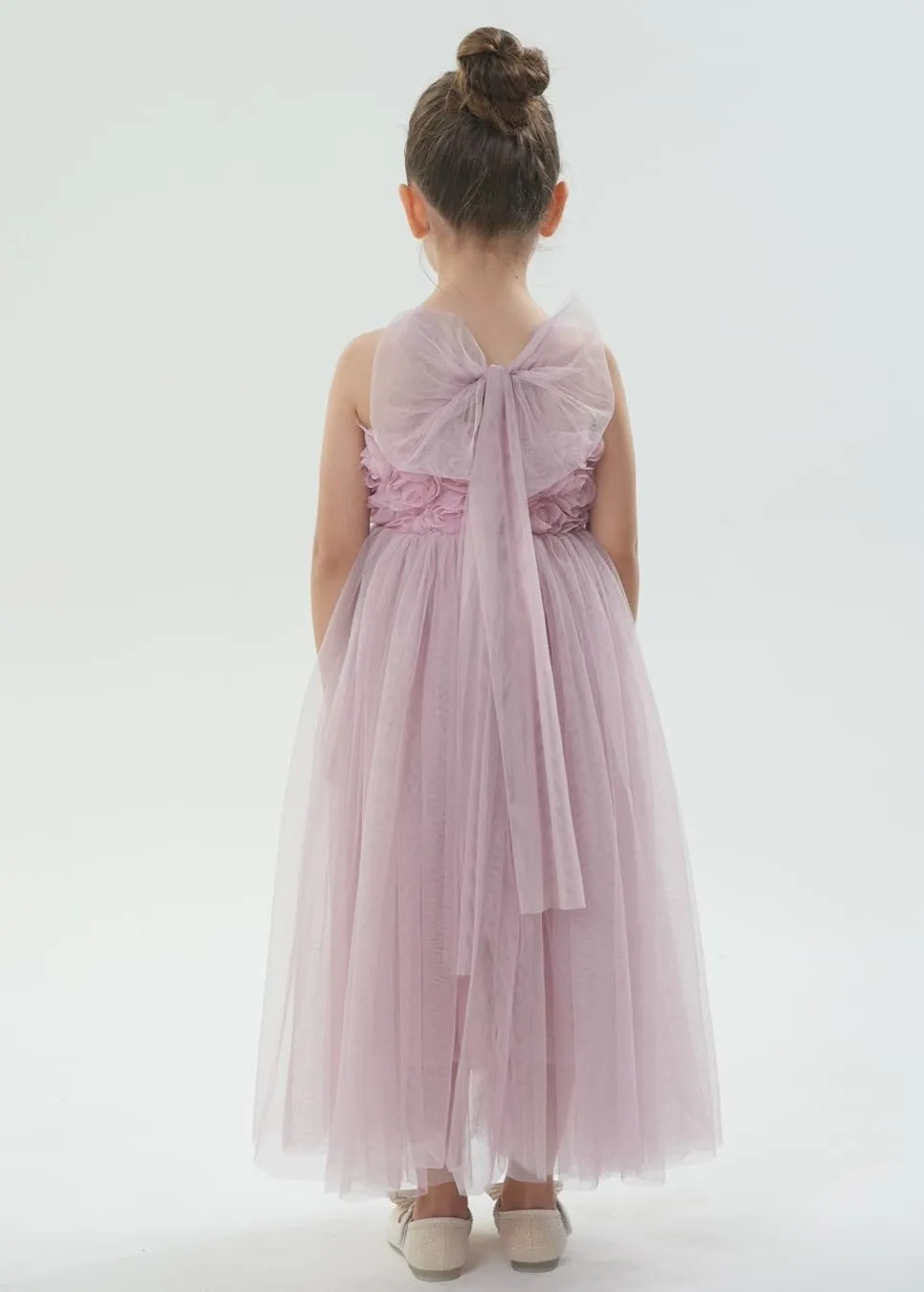 Lily Adjustable Strap Girl Dress in Dusty Pink Maxi 3D Flower