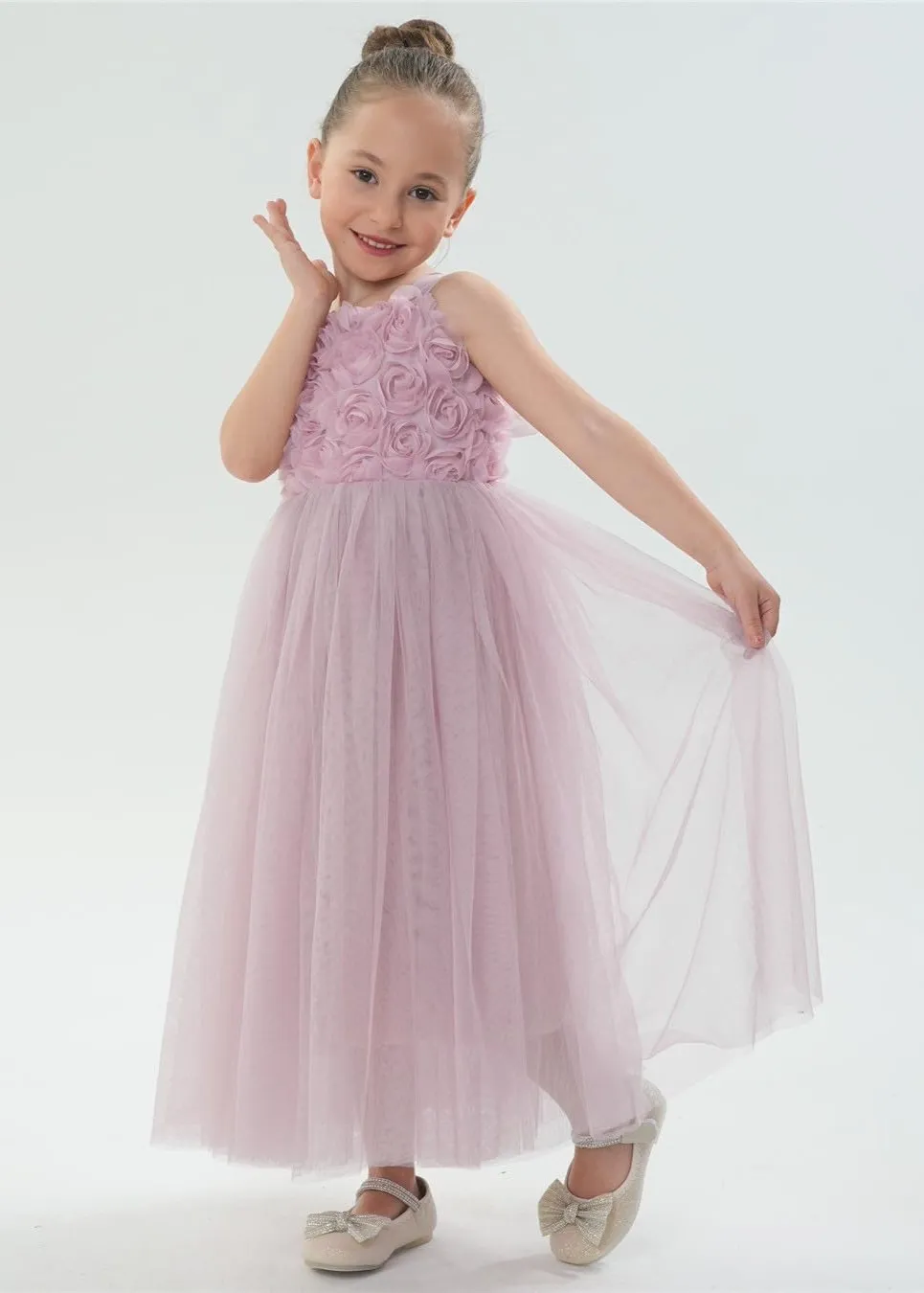 Lily Adjustable Strap Girl Dress in Dusty Pink Maxi 3D Flower