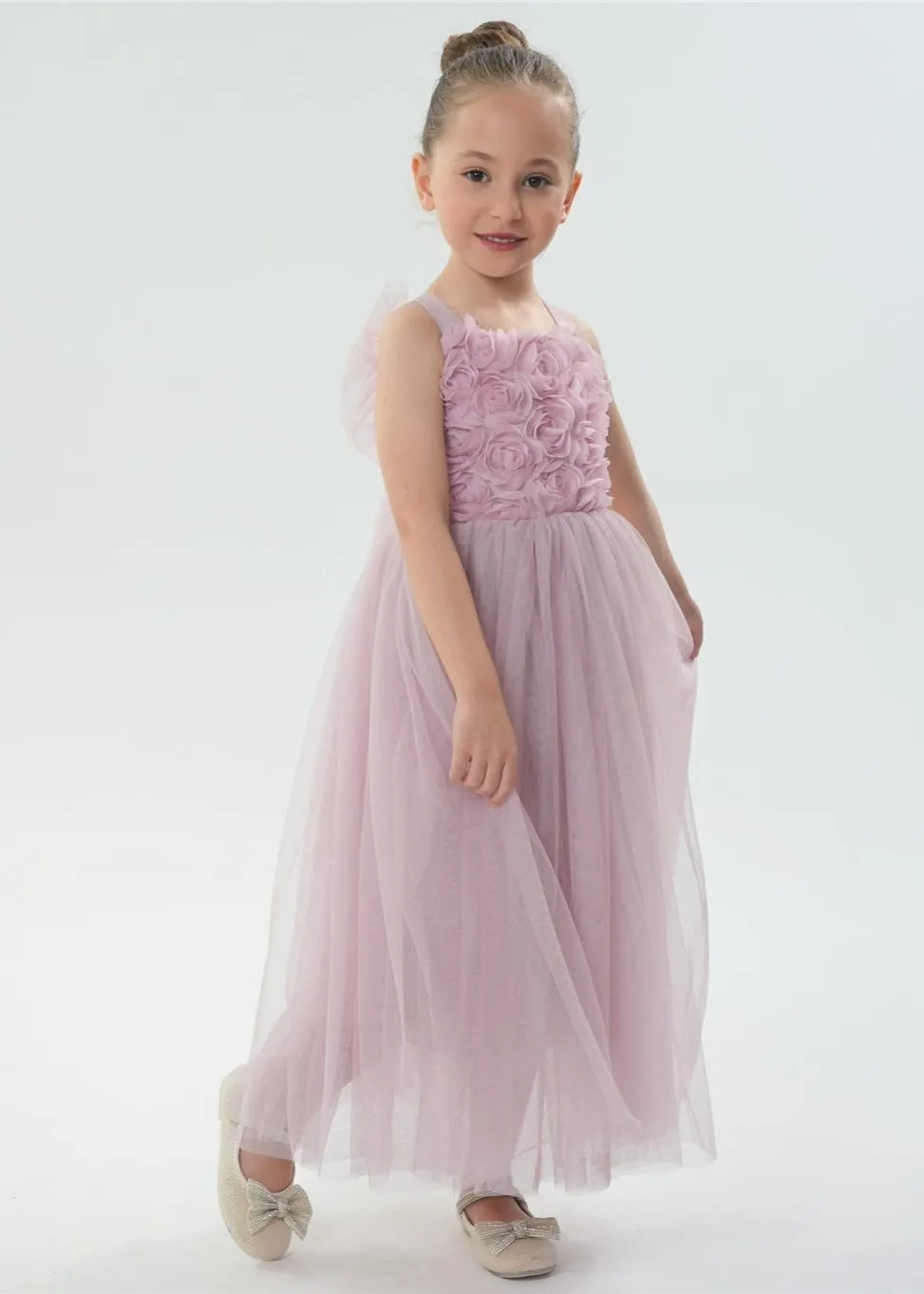Lily Adjustable Strap Girl Dress in Dusty Pink Maxi 3D Flower