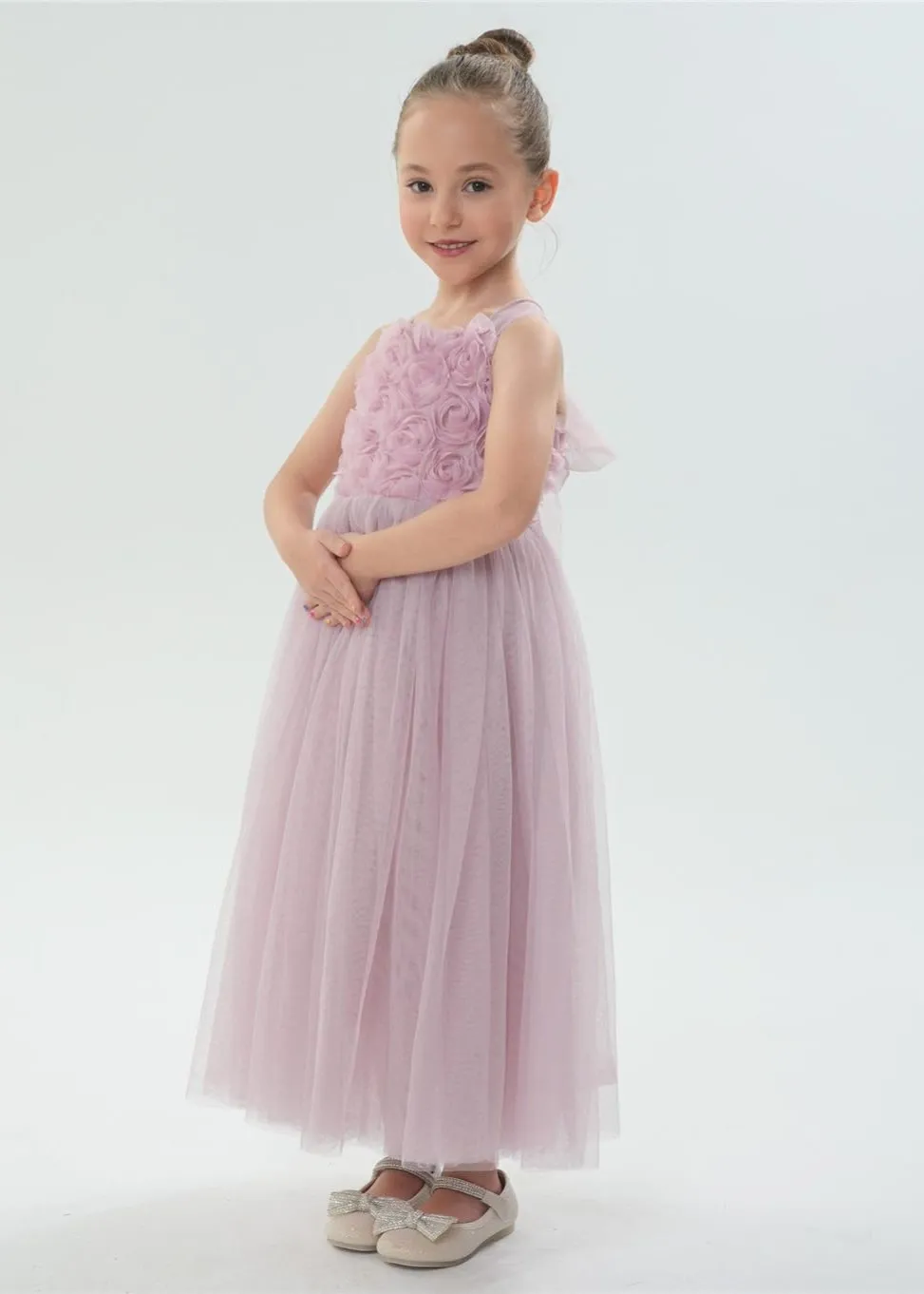 Lily Adjustable Strap Girl Dress in Dusty Pink Maxi 3D Flower
