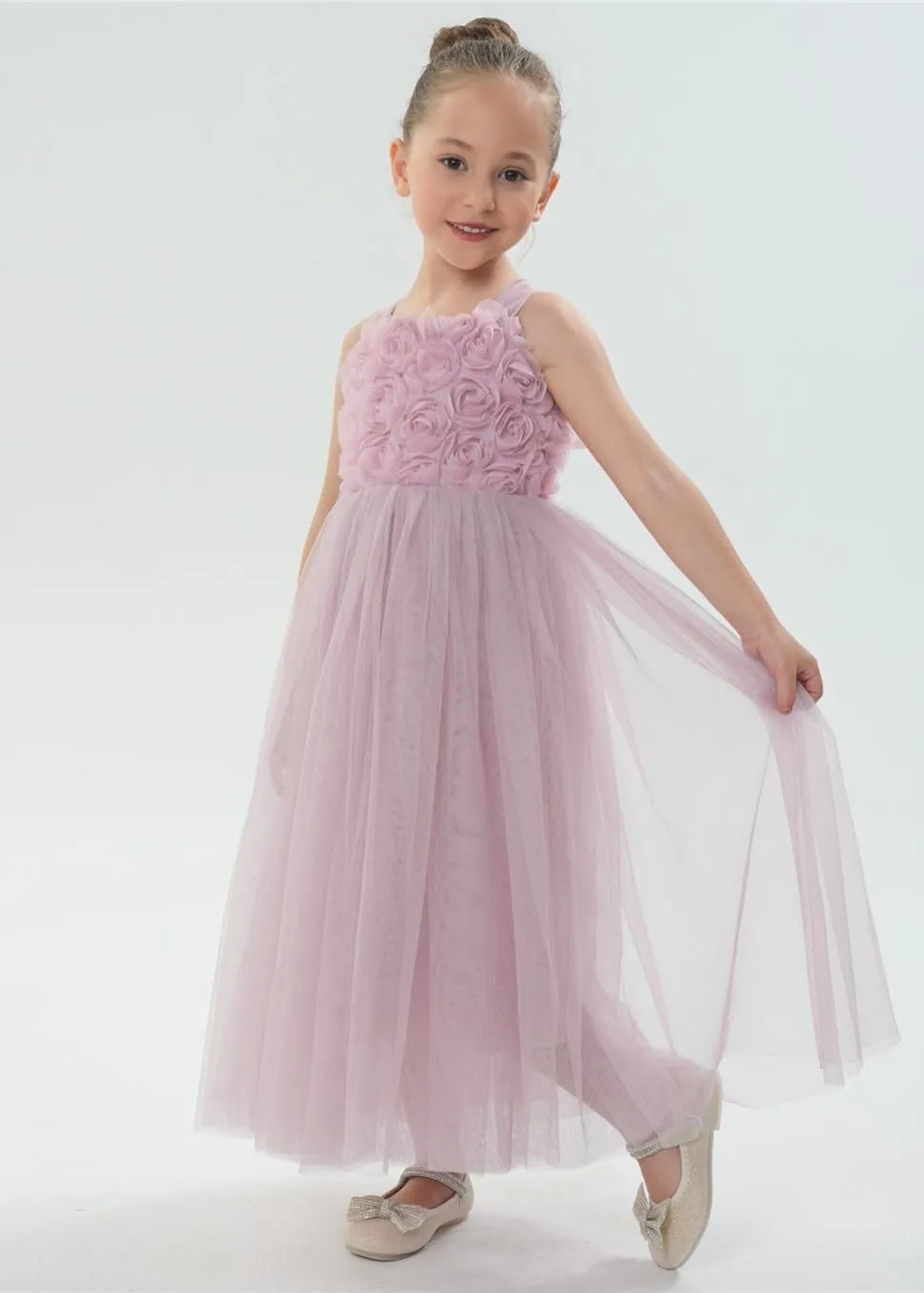 Lily Adjustable Strap Girl Dress in Dusty Pink Maxi 3D Flower