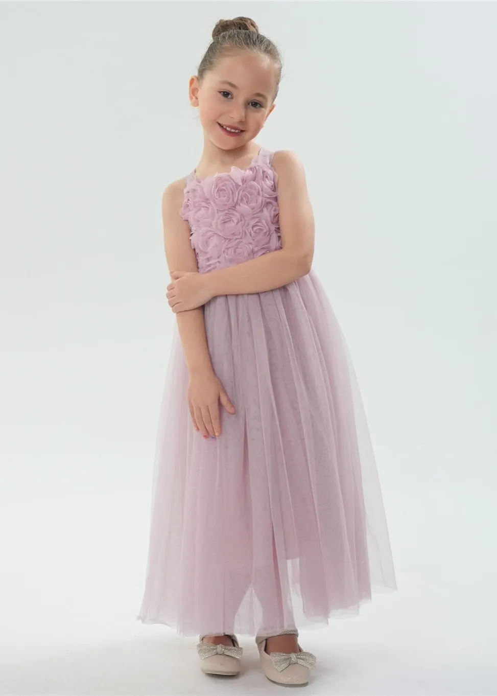 Lily Adjustable Strap Girl Dress in Dusty Pink Maxi 3D Flower