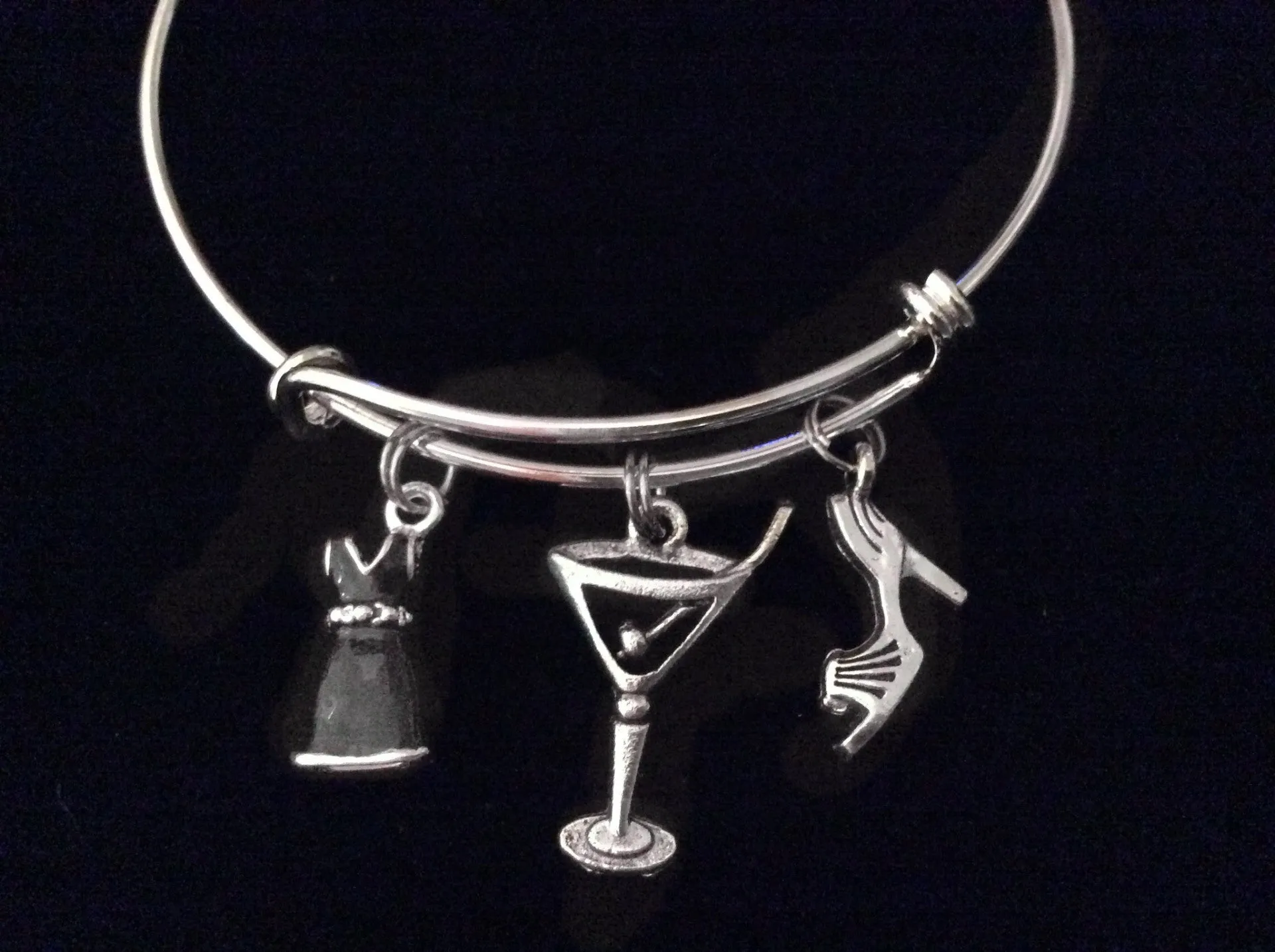 Little Black Dress Martini and High Heel Shoe Expandable Silver Charm Bracelets Adjustable Bangle Gift