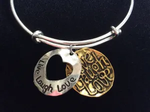 Live Love Laugh Gold and Silver Disk Charms on a Silver Expandable Wire Bangle Bracelet Gift Adjustable Trendy Handmade in USA