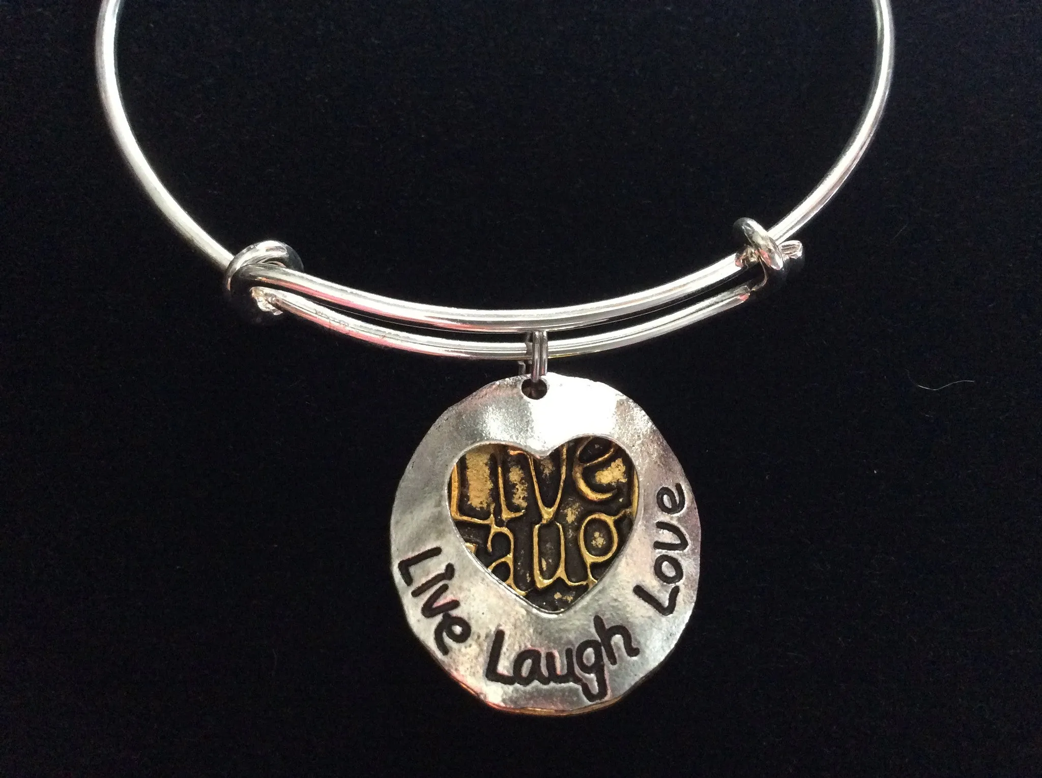 Live Love Laugh Gold and Silver Disk Charms on a Silver Expandable Wire Bangle Bracelet Gift Adjustable Trendy Handmade in USA