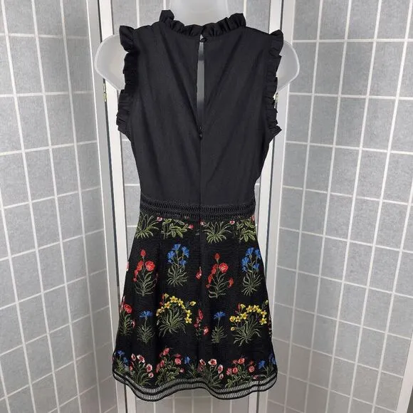 Lucy Paris Gabby Black Mesh Floral Embroidered Ruffle Trim Mini Dress Size S