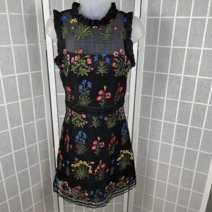 Lucy Paris Gabby Black Mesh Floral Embroidered Ruffle Trim Mini Dress Size S
