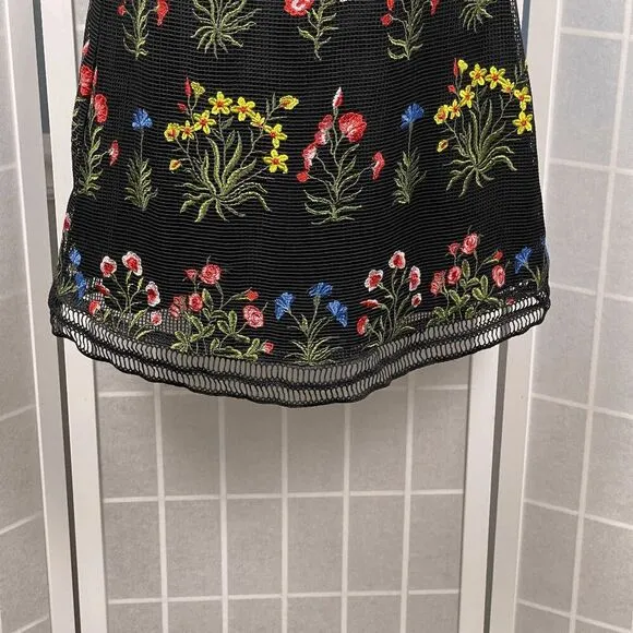 Lucy Paris Gabby Black Mesh Floral Embroidered Ruffle Trim Mini Dress Size S