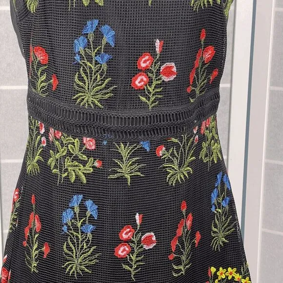 Lucy Paris Gabby Black Mesh Floral Embroidered Ruffle Trim Mini Dress Size S