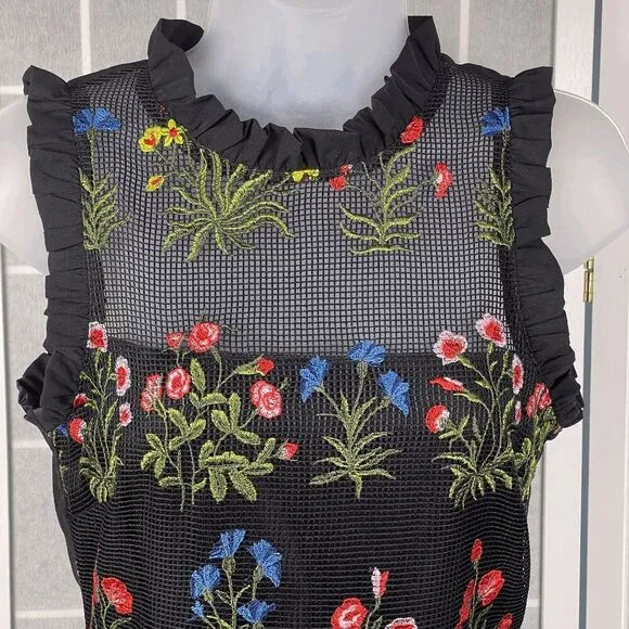 Lucy Paris Gabby Black Mesh Floral Embroidered Ruffle Trim Mini Dress Size S