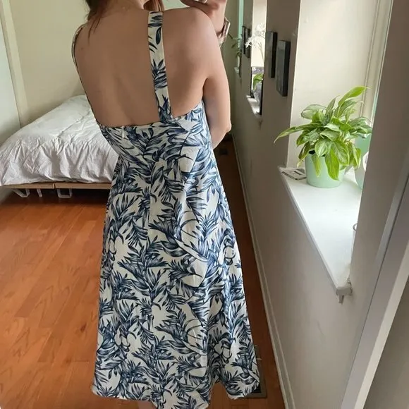 Lulu's Leaf Print Keyhole Tie Front Midi Dress Blue XS