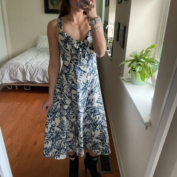 Lulu's Leaf Print Keyhole Tie Front Midi Dress Blue XS