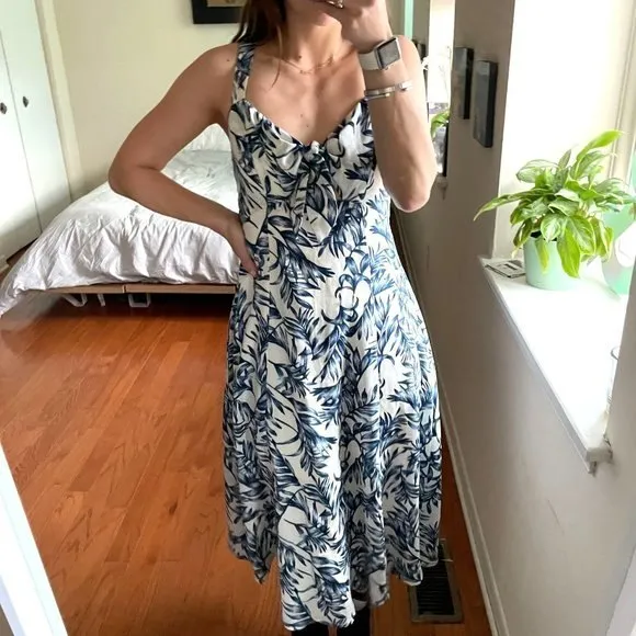 Lulu's Leaf Print Keyhole Tie Front Midi Dress Blue XS