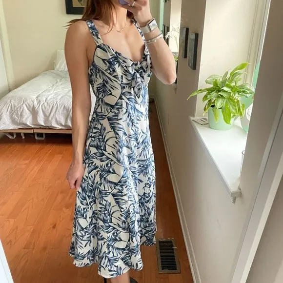 Lulu's Leaf Print Keyhole Tie Front Midi Dress Blue XS