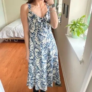 Lulu's Leaf Print Keyhole Tie Front Midi Dress Blue XS
