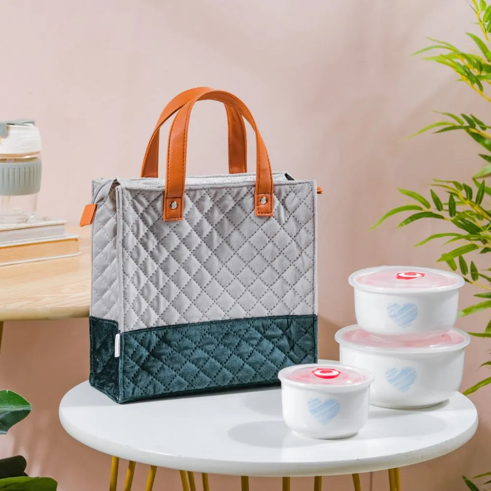 Luxe Velvet Lunch Bag Grey And Green