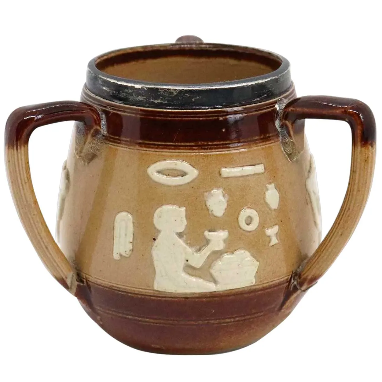 Miniature English Doulton Lambeth Sterling Silver Mounted Stoneware Tyg Cup