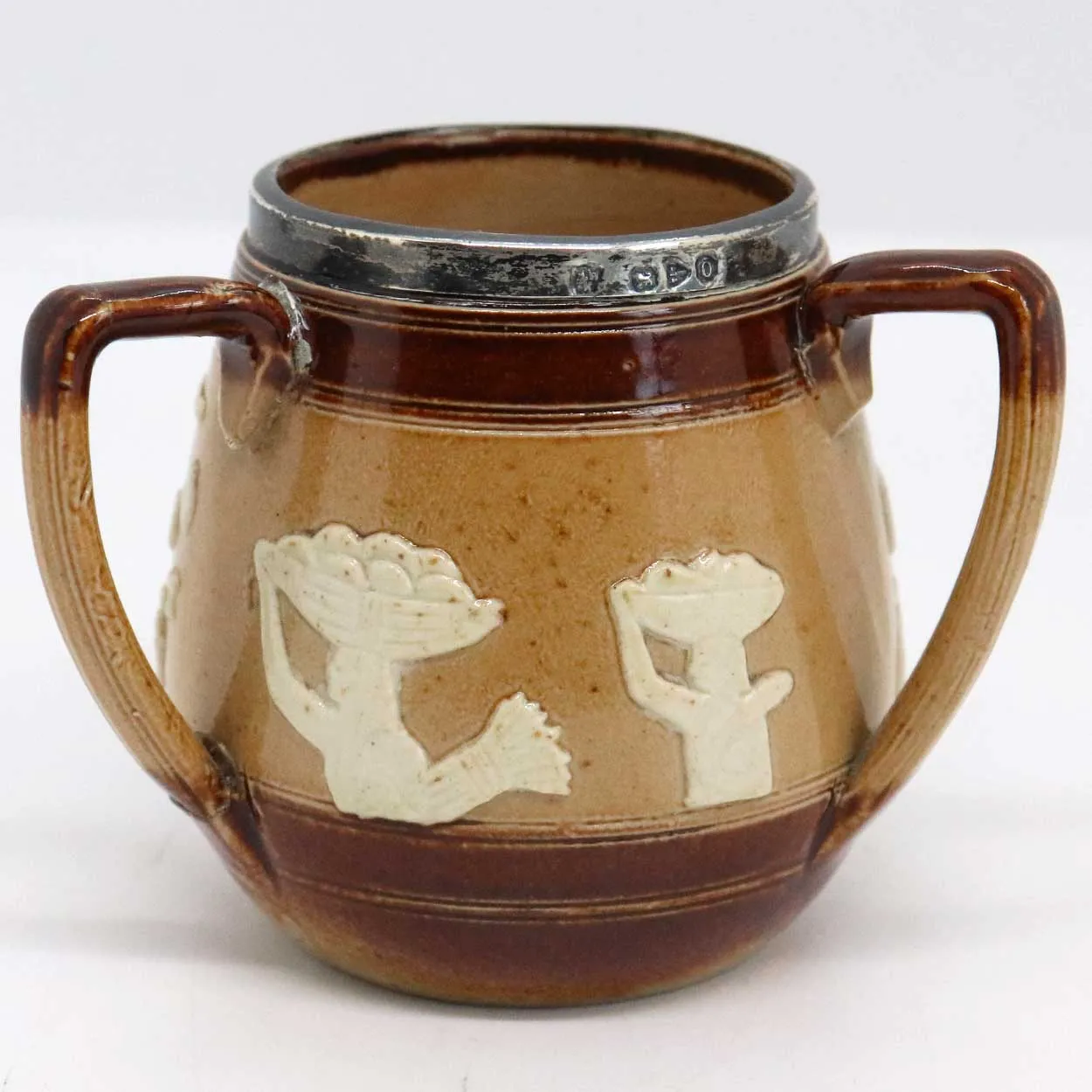 Miniature English Doulton Lambeth Sterling Silver Mounted Stoneware Tyg Cup