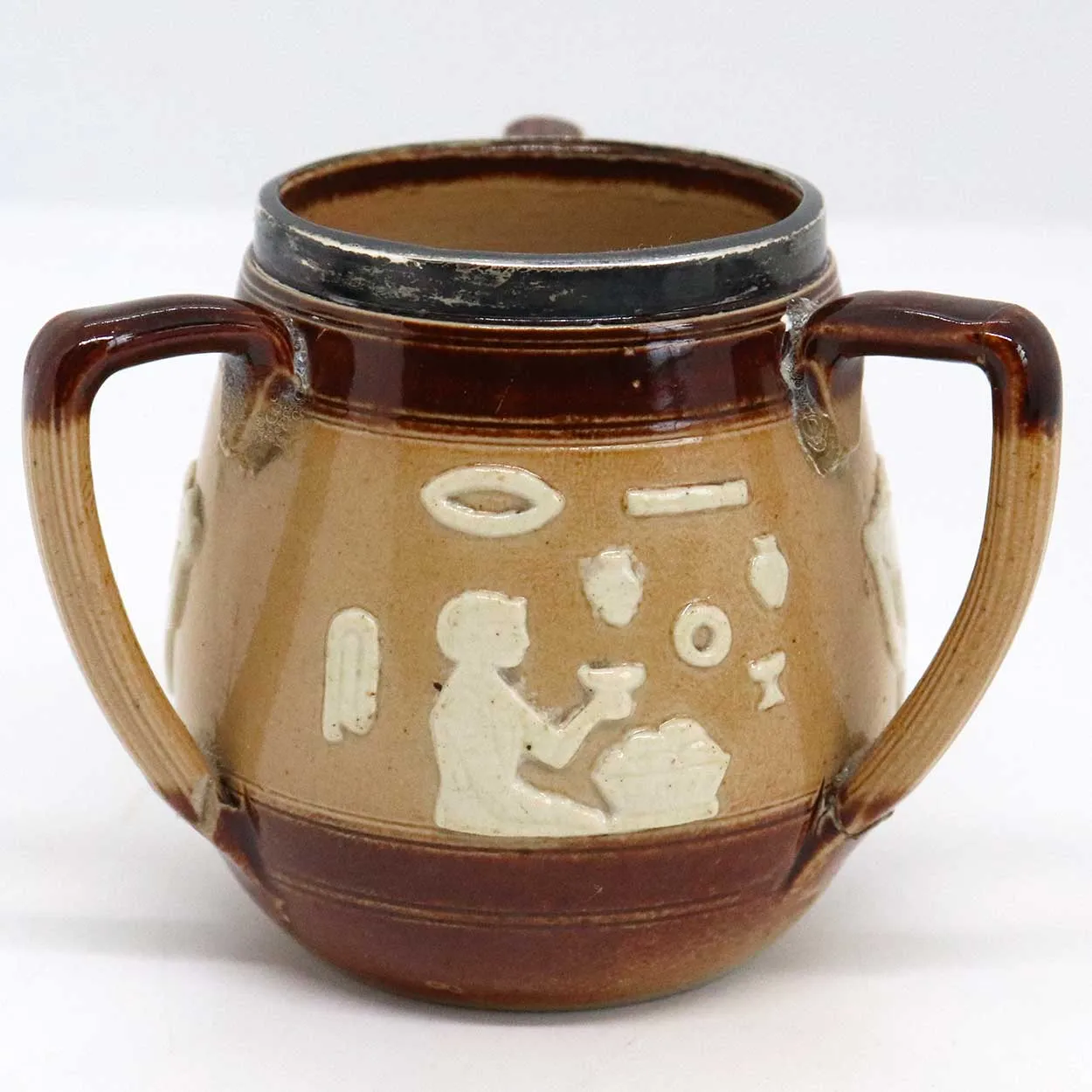 Miniature English Doulton Lambeth Sterling Silver Mounted Stoneware Tyg Cup
