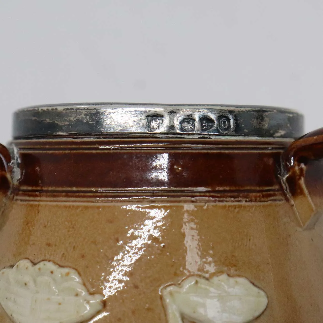 Miniature English Doulton Lambeth Sterling Silver Mounted Stoneware Tyg Cup