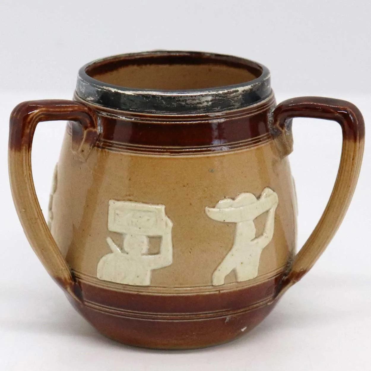 Miniature English Doulton Lambeth Sterling Silver Mounted Stoneware Tyg Cup