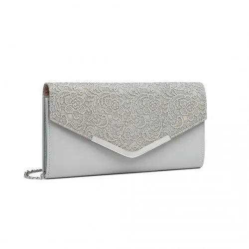 Miss Lulu Lace Envelope Flap Clutch Evening Bag - Grey
