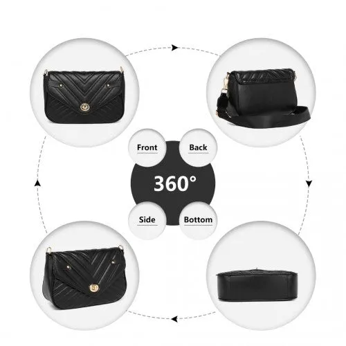 Miss Lulu V-Quilted Flap Leather Shoulder Bag - Black