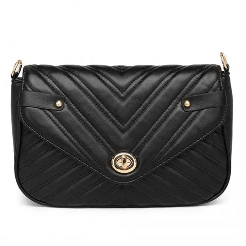 Miss Lulu V-Quilted Flap Leather Shoulder Bag - Black