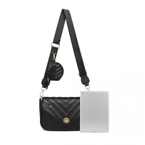 Miss Lulu V-Quilted Flap Leather Shoulder Bag - Black