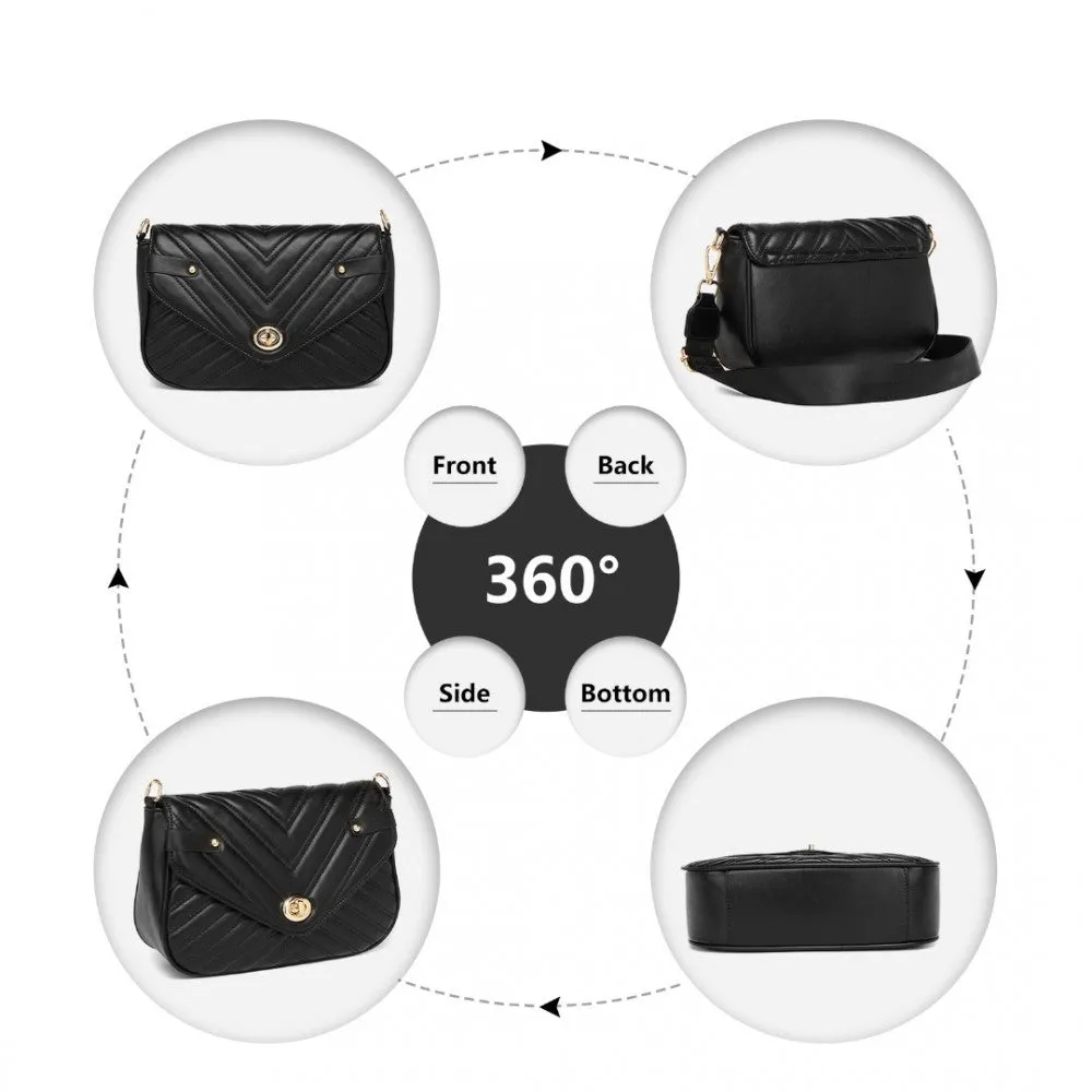 Miss Lulu V-Quilted Flap Leather Shoulder Bag - Black