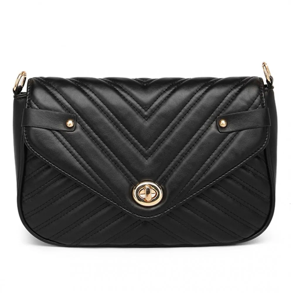 Miss Lulu V-Quilted Flap Leather Shoulder Bag - Black
