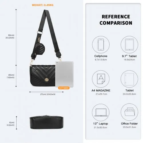 Miss Lulu V-Quilted Flap Leather Shoulder Bag - Black